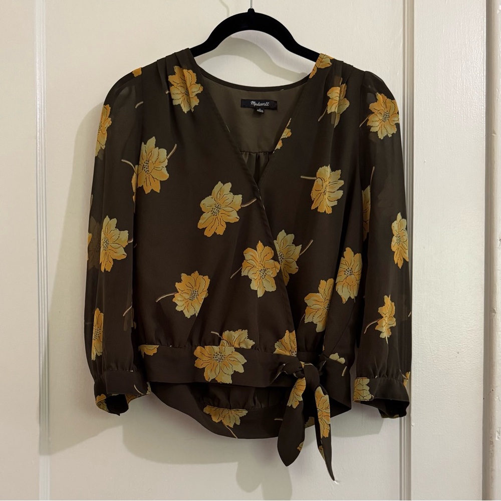 Madewell Green and Yellow Floral Wrap Blouse